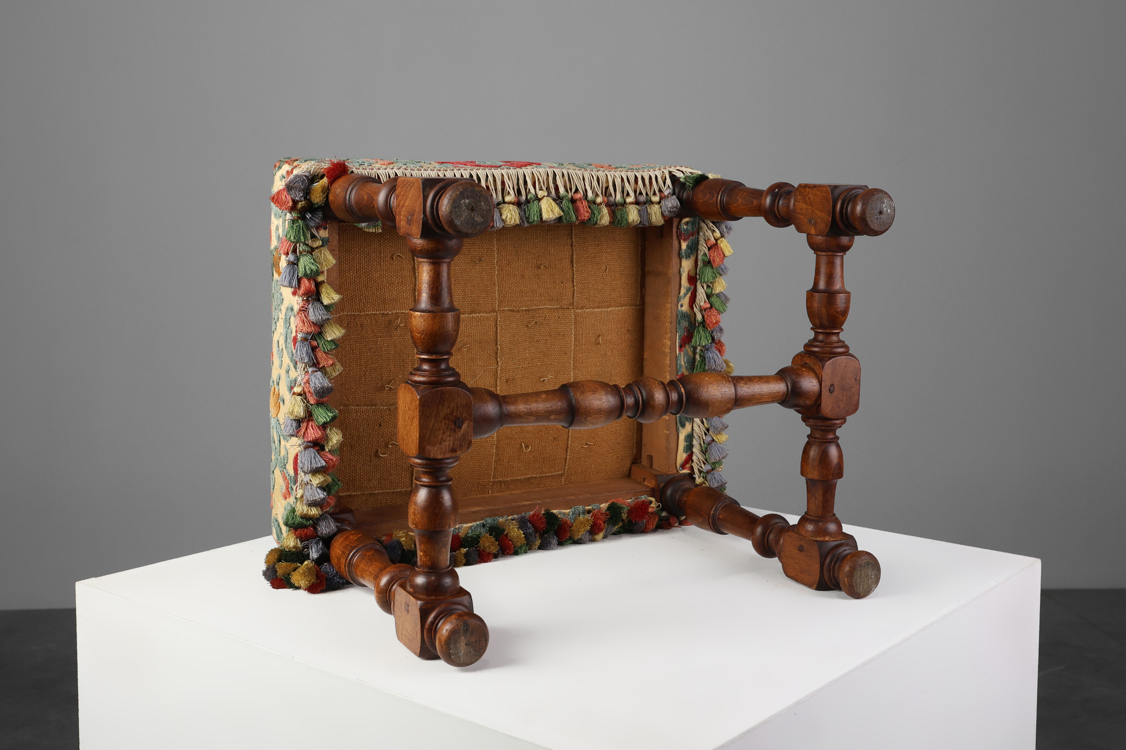 Antique Wood and Fabric Ottoman, France, 1890sthumbnail